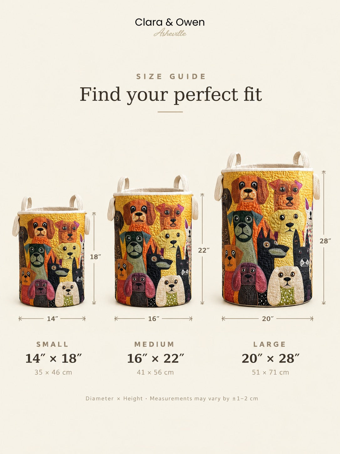 Size guide showing the small, medium and large dog-patterned baskets side by side, with diameter and height measurements marked beneath each. 6