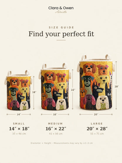 Size guide showing the small, medium and large dog-patterned baskets side by side, with diameter and height measurements marked beneath each. 6