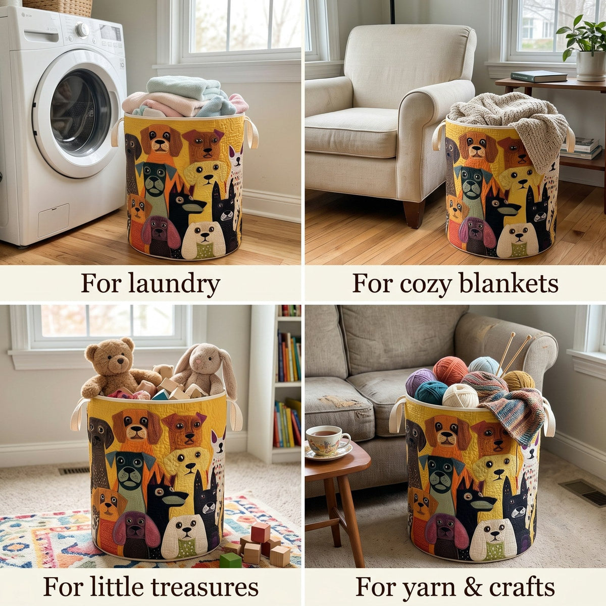 Four-panel collage showing the dog-patterned basket holding laundry, a throw blanket, soft toys and wooden blocks, and balls of yarn. 2