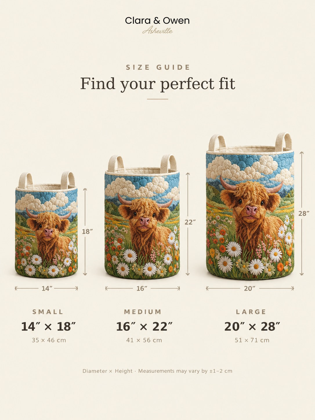 Size guide showing the small, medium and large baskets side by side with height and diameter measurements marked beside each one. 6