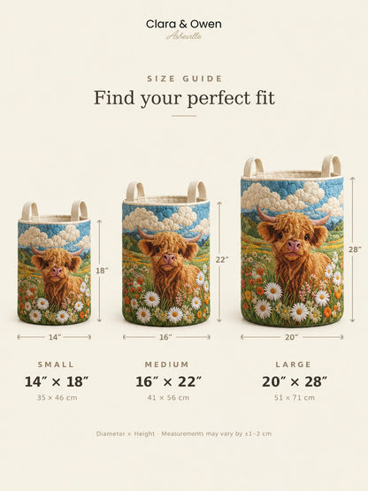Size guide showing the small, medium and large baskets side by side with height and diameter measurements marked beside each one. 6