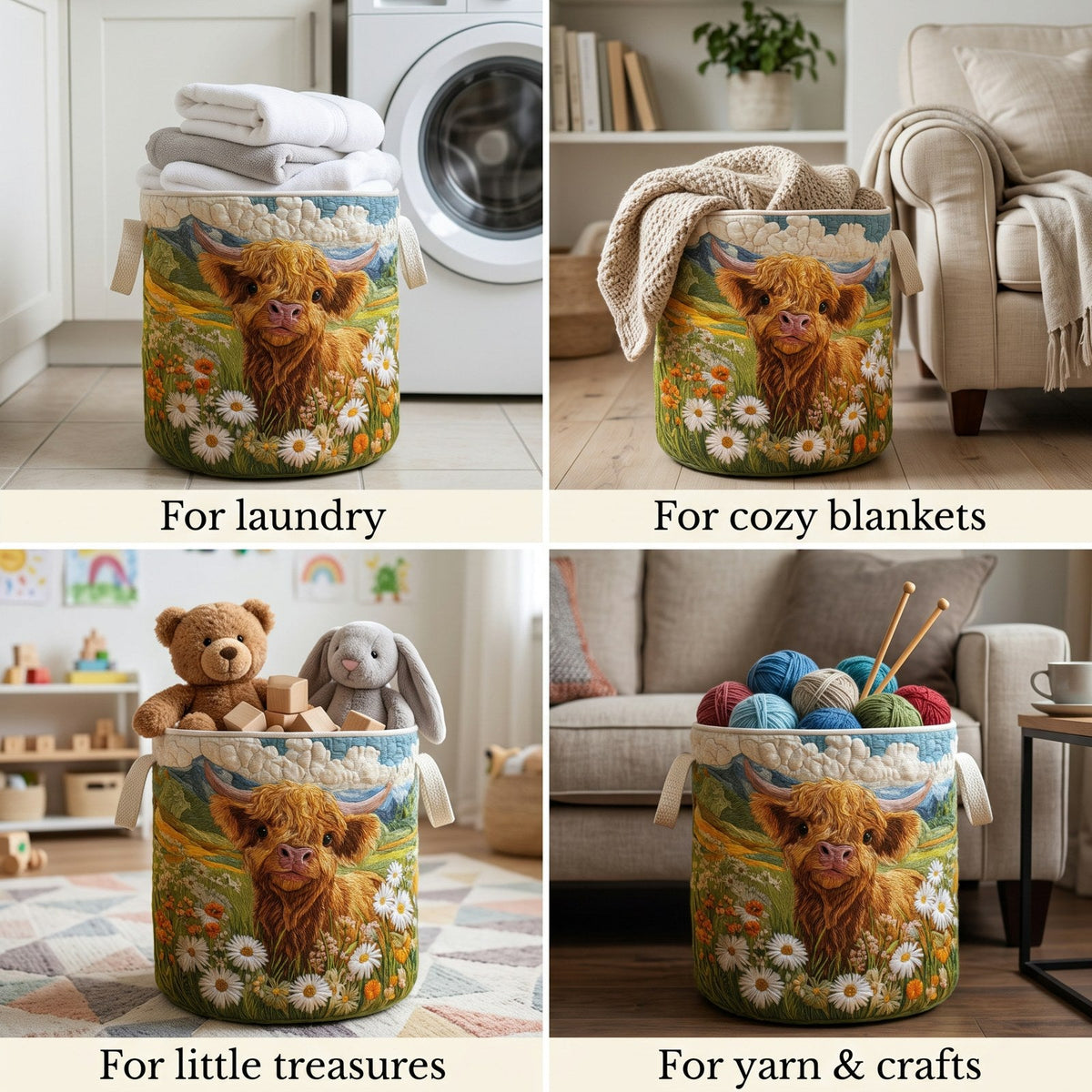 Four-panel collage of the basket in use, holding towels by a washing machine, a knitted blanket, soft toys and balls of yarn. 2