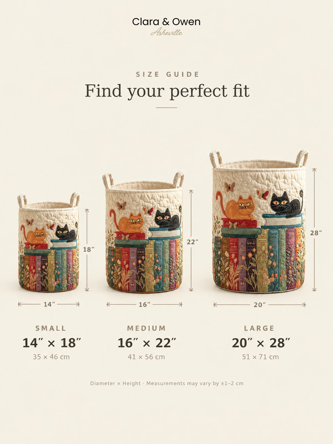 Size guide graphic showing small, medium and large baskets side by side with their diameters and heights marked in inches and centimetres. 6