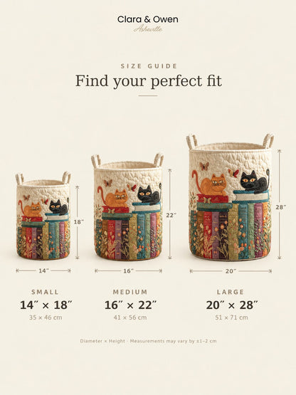 Size guide graphic showing small, medium and large baskets side by side with their diameters and heights marked in inches and centimetres. 6