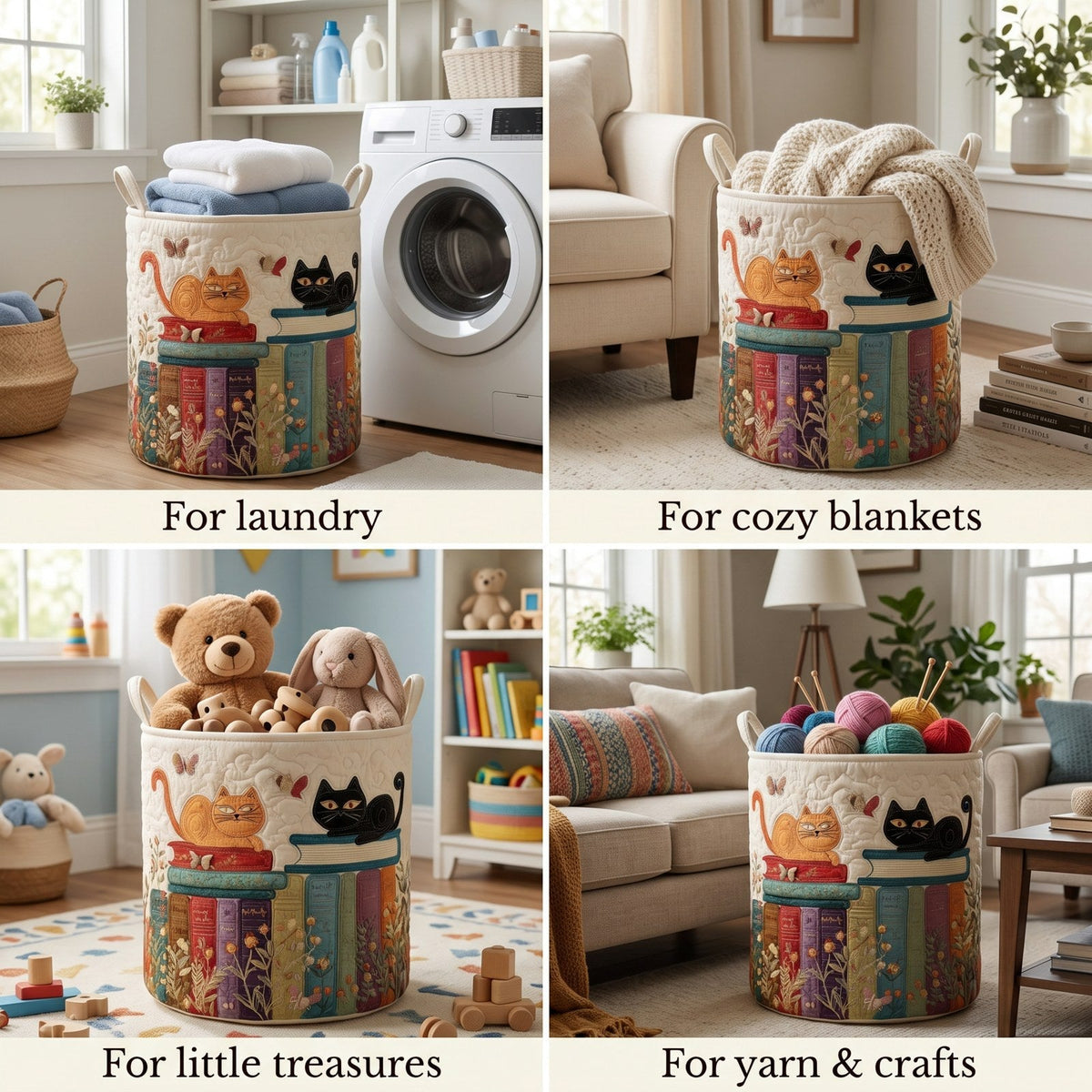 Four-panel collage showing the basket in use for laundry beside a washing machine, cosy blankets, children's toys and yarn. 2