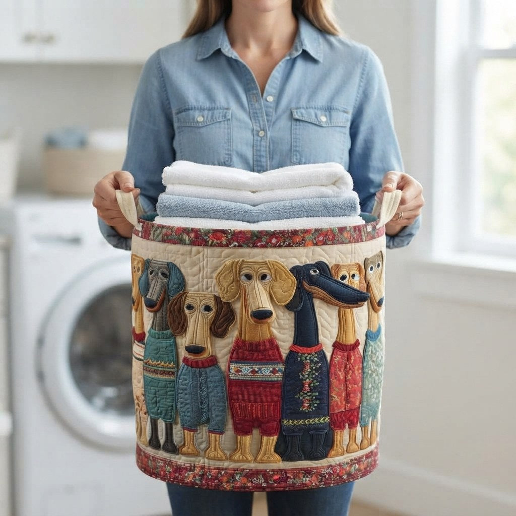 Woman in a denim shirt holds the basket by its handles, filled with folded towels 3