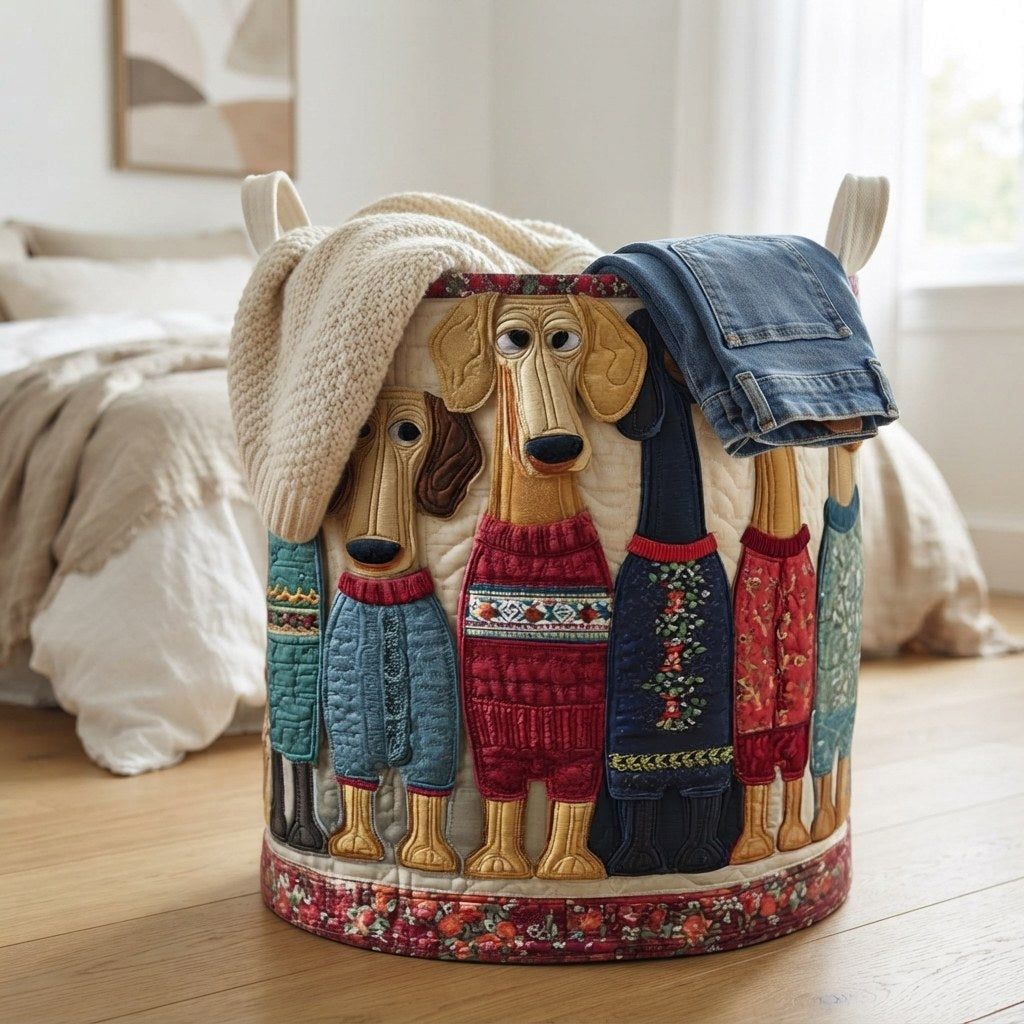 Basket in a bedroom with a cream knitted throw and a pair of jeans draped over the rim 4