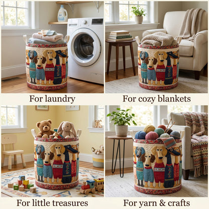 Four-panel collage showing the basket holding laundry, blankets, soft toys and balls of yarn 2