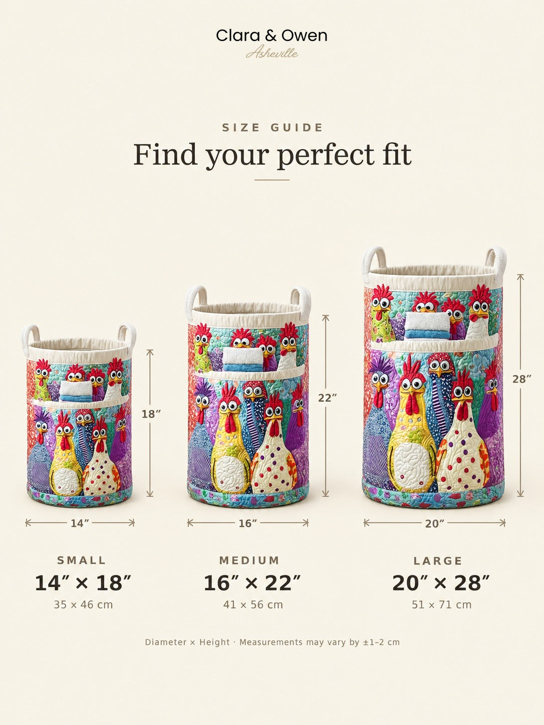 Size guide graphic showing the small, medium and large baskets side by side with their diameter and height measurements marked. 6