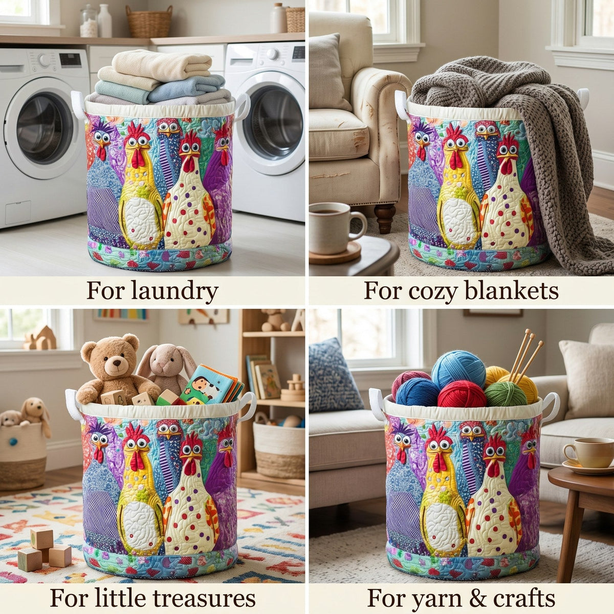 Four-panel collage showing the same chicken-patterned basket used for laundry, blankets, children's toys and yarn in different rooms. 2