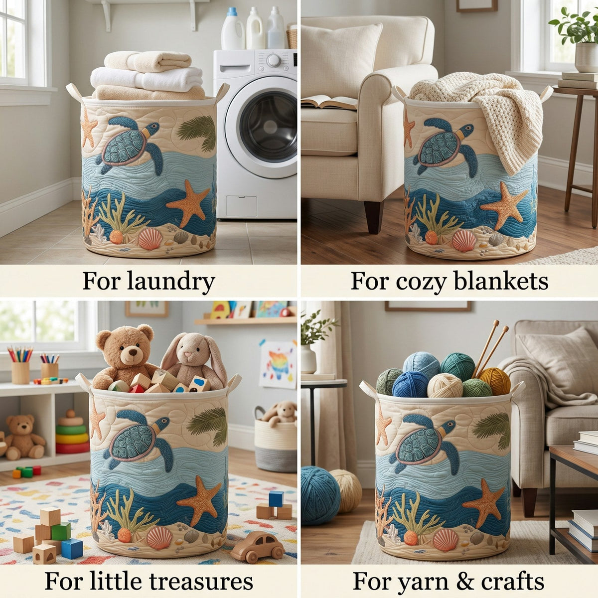 Four-panel collage showing the basket holding laundry, a knitted blanket, soft toys and balls of yarn in different rooms. 2