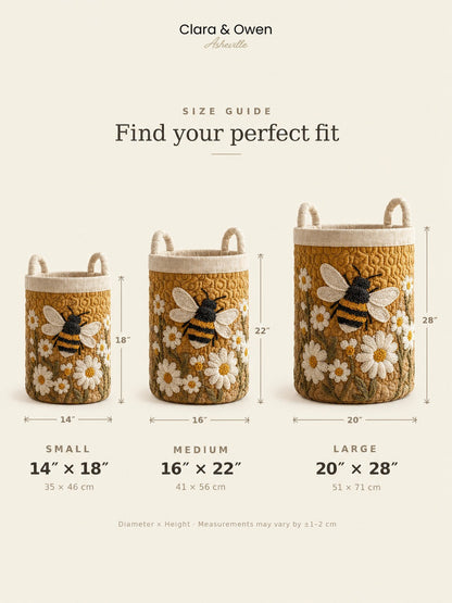 Size guide showing the small, medium and large baskets side by side, with height and diameter measurements marked beside each. 7