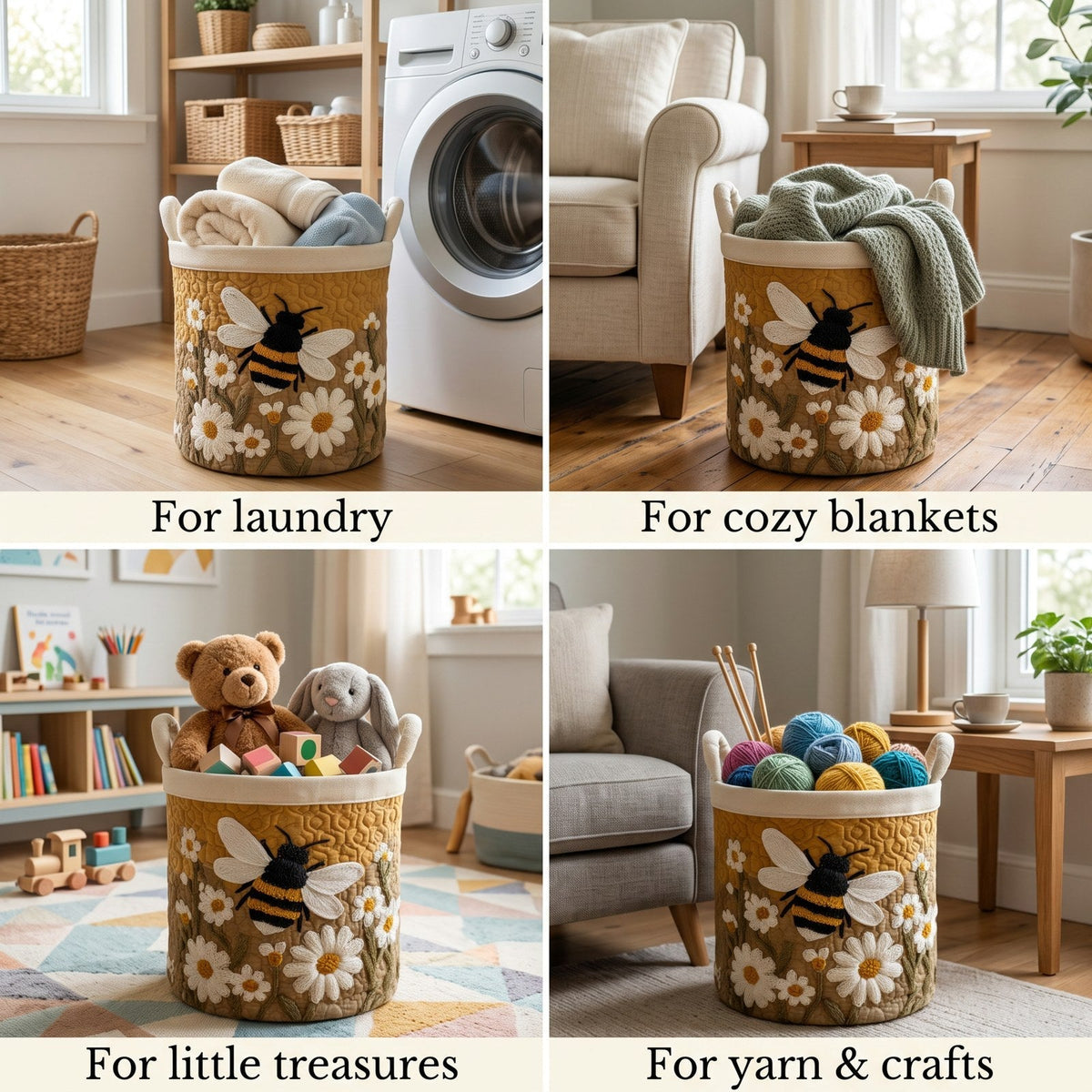 Four-panel collage showing the basket holding towels, a knitted blanket, soft toys with building blocks, and balls of yarn. 2