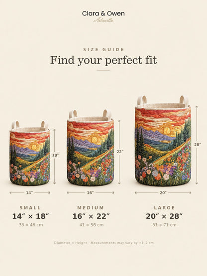Size guide showing three quilted baskets in small, medium and large, with diameter and height measurements marked beside each. 5