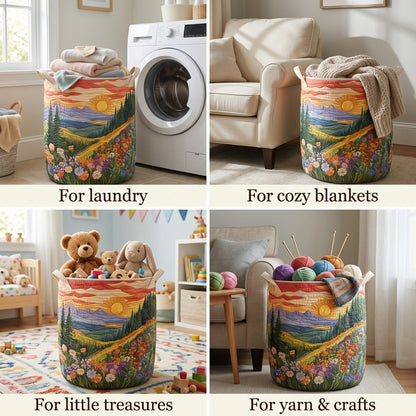 Four-panel collage showing the quilted basket in use for laundry, blankets, children's toys and knitting yarn in different rooms. 2