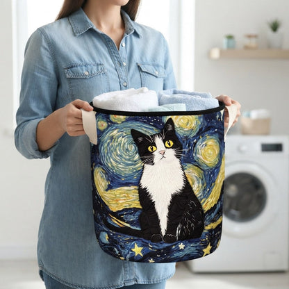 Woman in a denim shirt carrying the basket by its cream handles, filled with folded towels, in a bright laundry room. 3