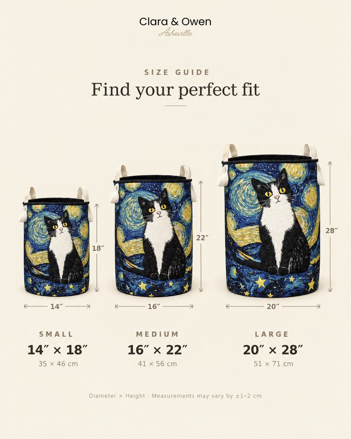 Size guide showing three baskets side by side, small, medium and large, with diameter and height measurements marked beside each one. 5
