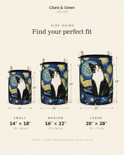 Size guide showing three baskets side by side, small, medium and large, with diameter and height measurements marked beside each one. 5