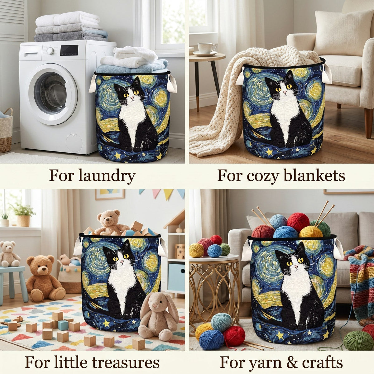 Four-panel collage showing the basket in use for laundry beside a washing machine, cosy blankets, children's toys and balls of yarn. 2