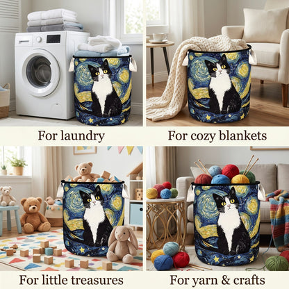 Four-panel collage showing the basket in use for laundry beside a washing machine, cosy blankets, children's toys and balls of yarn. 2