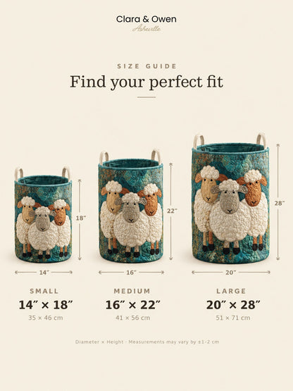 Size guide showing the sheep-design basket in small, medium and large, side by side with height and diameter measurements. 5