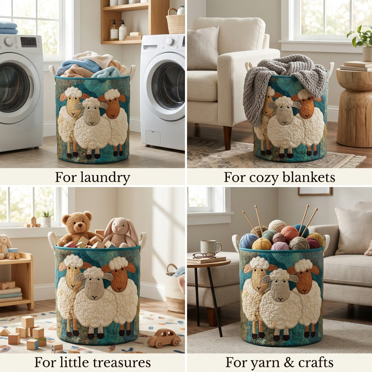 Four-panel collage showing the sheep basket holding laundry, a knitted blanket, soft toys and balls of yarn in different rooms. 2