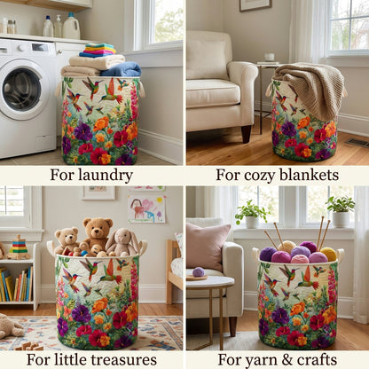 Four-panel collage of the hummingbird basket in use, holding laundry, a knitted blanket, children's soft toys and balls of yarn. 2