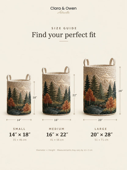 Size guide showing the forest-print basket in small, medium and large, with diameter and height in inches and centimetres. 14