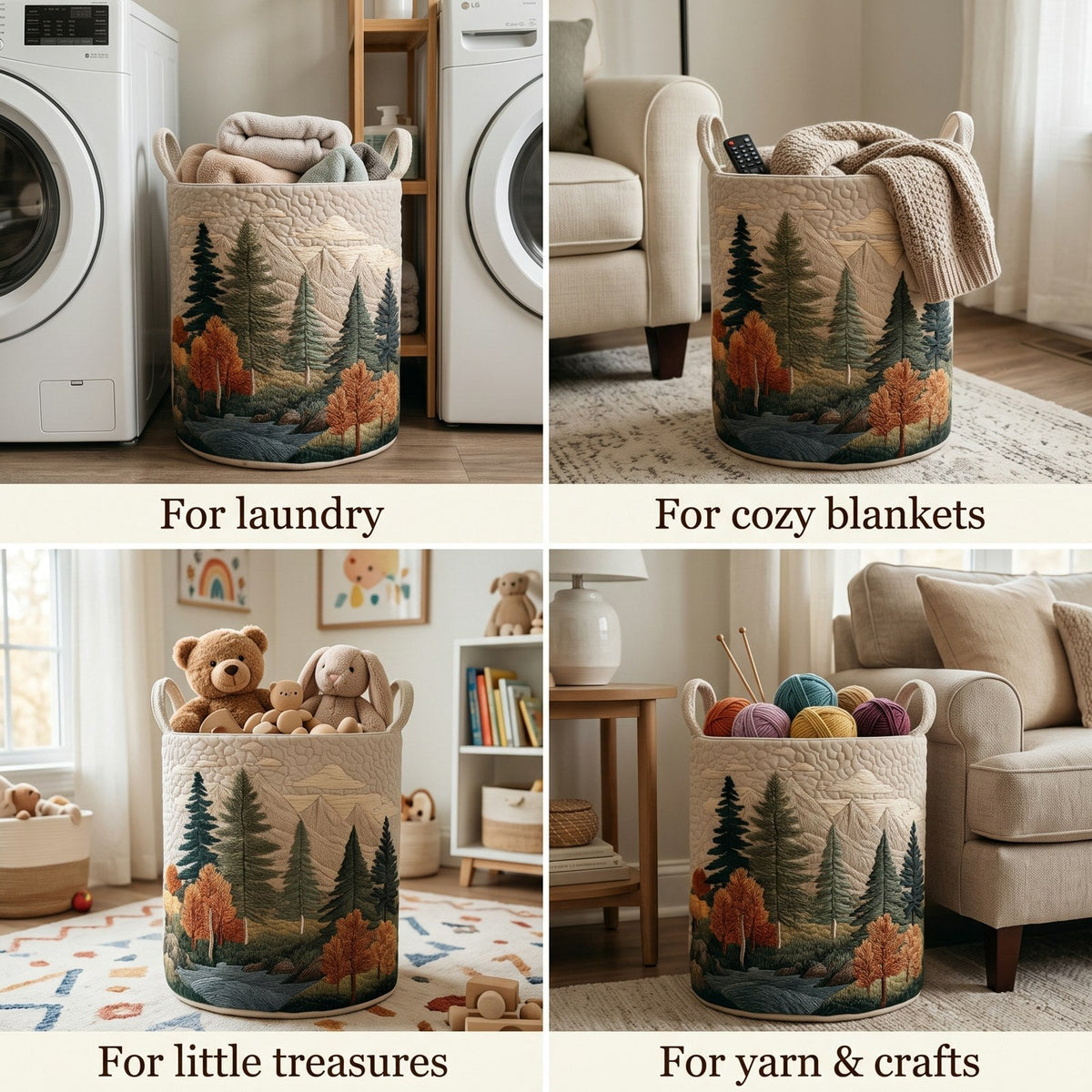 Four-panel collage showing the forest-print basket in use holding laundry, blankets with a remote, soft toys and balls of yarn. 2