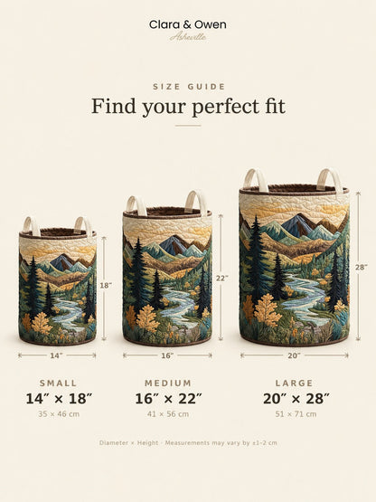 Size guide showing three baskets side by side in small, medium and large, with height and diameter measurements marked beside each. 5