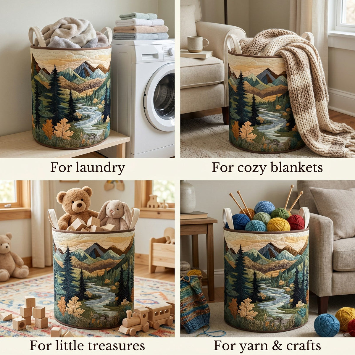 Four-panel collage showing the basket holding laundry, a chunky knitted blanket, soft toys and wooden blocks, and balls of yarn. 2
