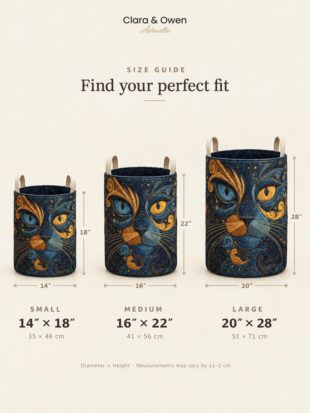 Size guide graphic showing the basket in small, medium and large, lined up side by side with height and diameter measurements marked. 5