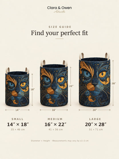 Size guide graphic showing the basket in small, medium and large, lined up side by side with height and diameter measurements marked. 5