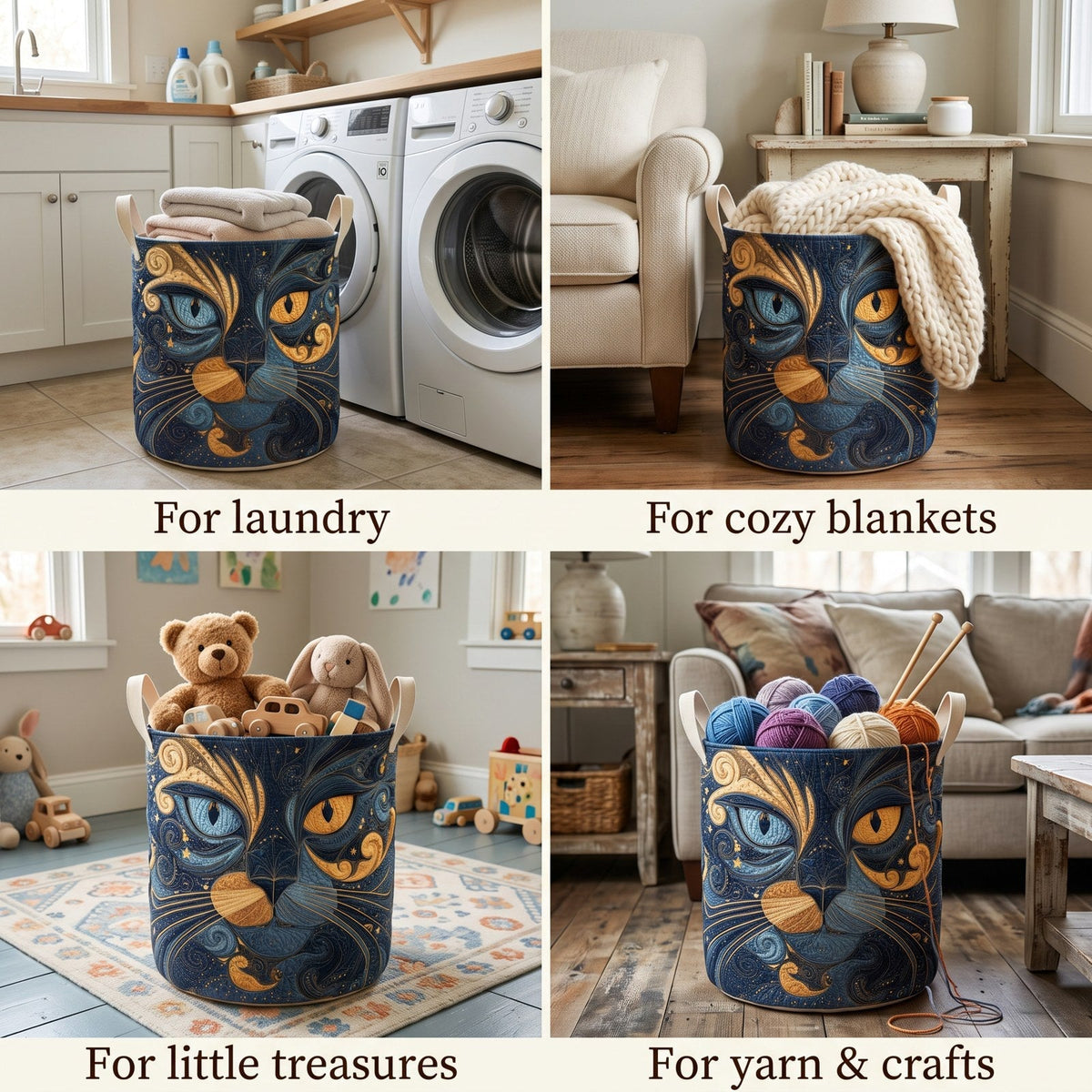 Four-panel collage showing the basket in use for laundry, cosy blankets, children's toys and yarn with knitting needles. 2