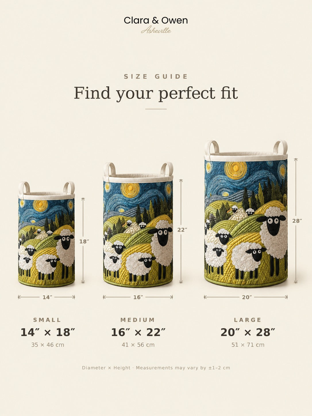 Size guide graphic showing the three basket sizes side by side, with diameter and height measurements in inches and centimetres. 6