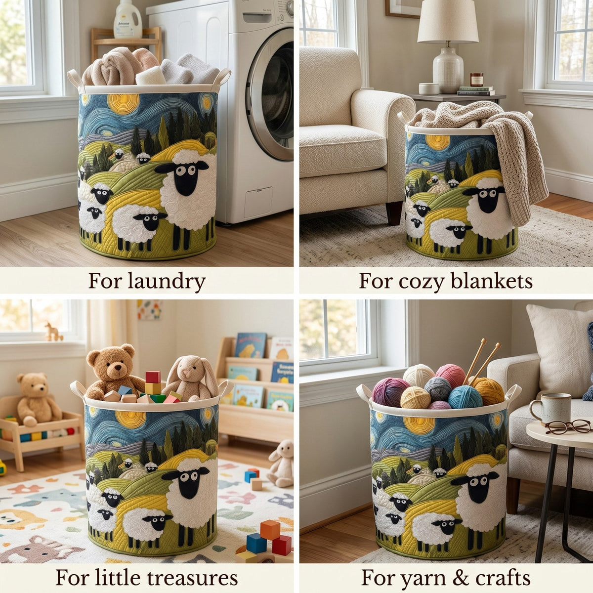 Four-panel collage showing the basket holding laundry, cosy blankets, children's toys and balls of yarn in different rooms. 2