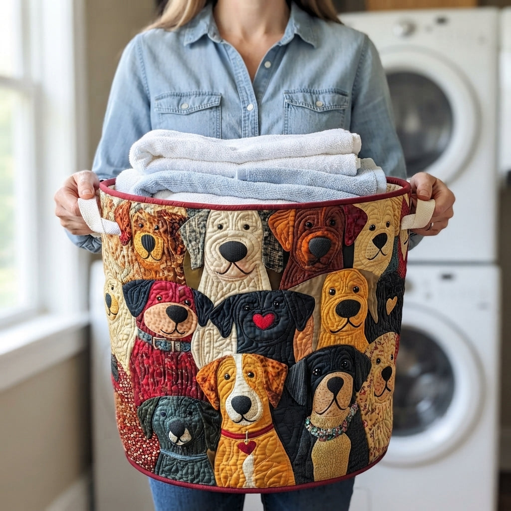 Woman in a denim shirt carries the dog-patterned basket by its handles, filled with folded white and blue towels. 3