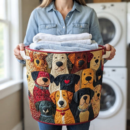 Woman in a denim shirt carries the dog-patterned basket by its handles, filled with folded white and blue towels. 3