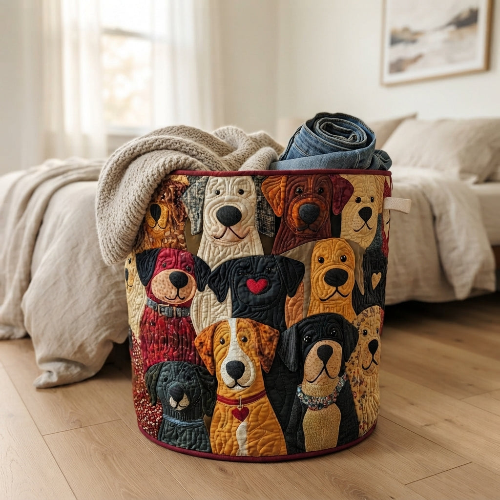 Dog-patterned basket on a wooden bedroom floor beside a bed, holding a chunky knitted blanket and rolled jeans. 4