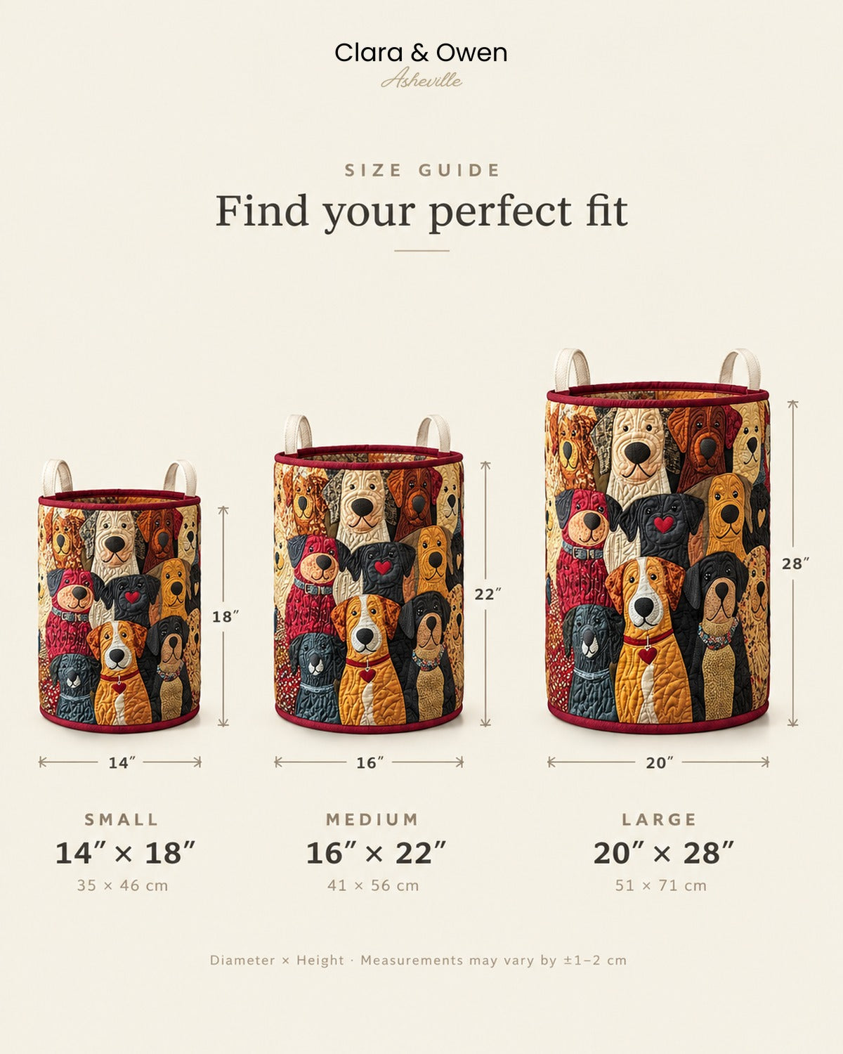 Size guide showing three versions of the dog-patterned basket in small, medium and large, with diameter and height measurements marked. 5