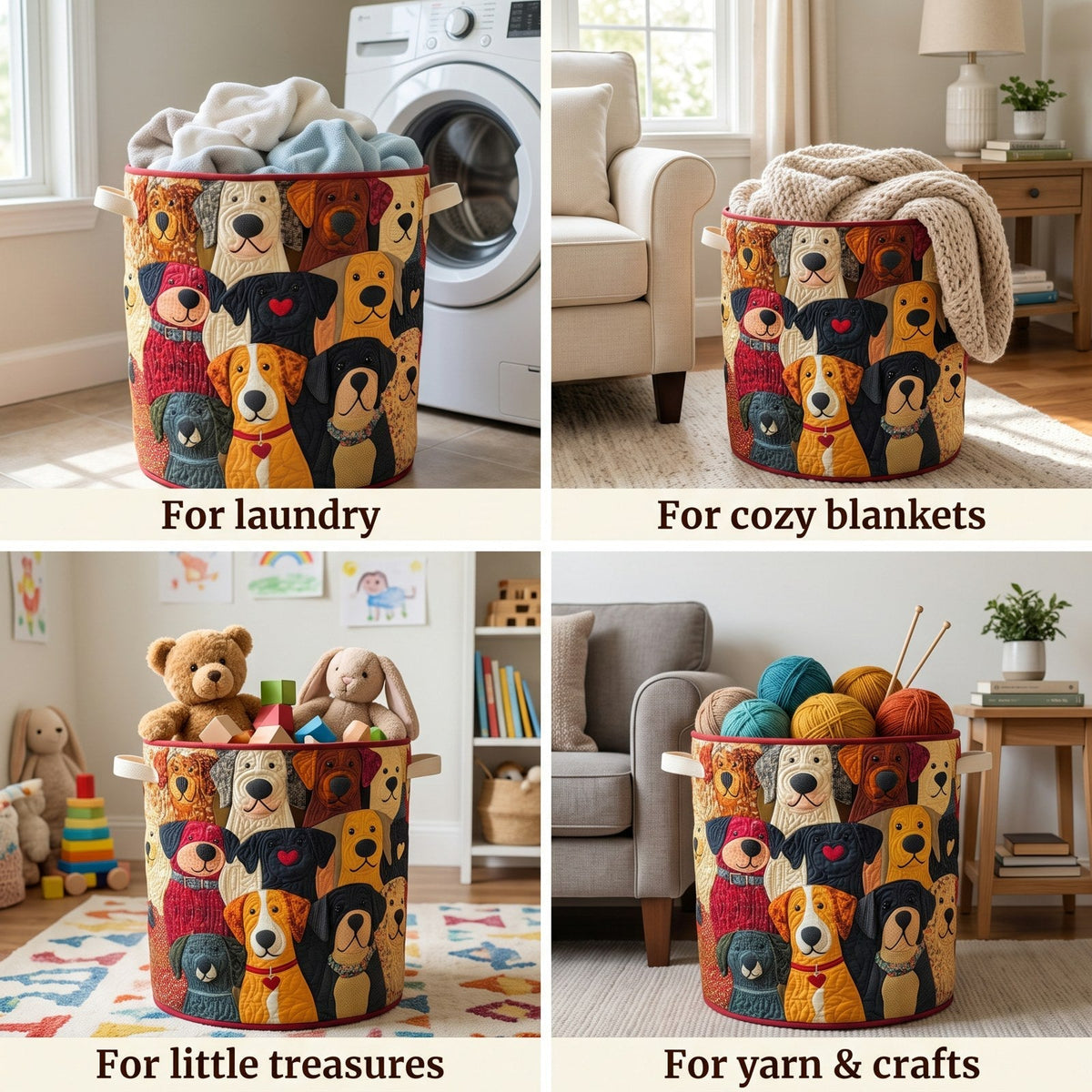 Four-panel collage showing the dog-patterned basket holding laundry, a knitted blanket, toys and balls of yarn in different rooms. 2