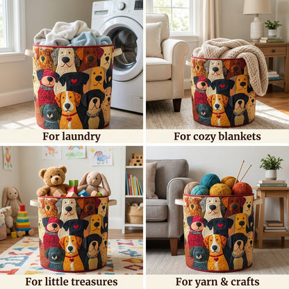 Four-panel collage showing the dog-patterned basket holding laundry, a knitted blanket, toys and balls of yarn in different rooms. 2