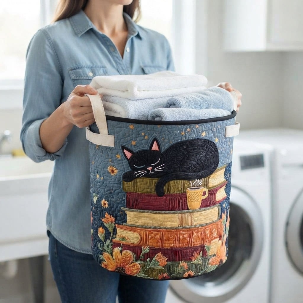 Woman in a denim shirt carrying the basket by its handle, filled with folded towels, in a bright laundry room. 3