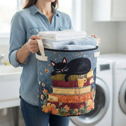 Woman in a denim shirt carrying the basket by its handle, filled with folded towels, in a bright laundry room. 3
