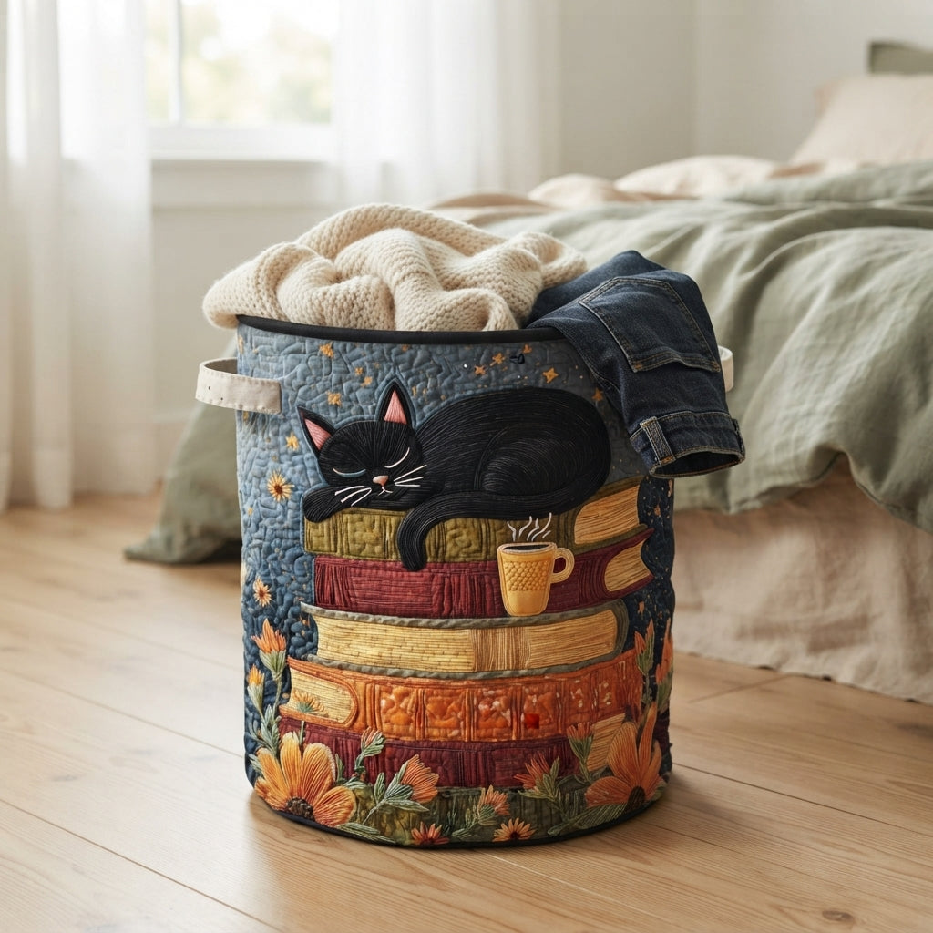 Basket on a wooden bedroom floor beside a bed, holding a knitted blanket and a pair of jeans. 4