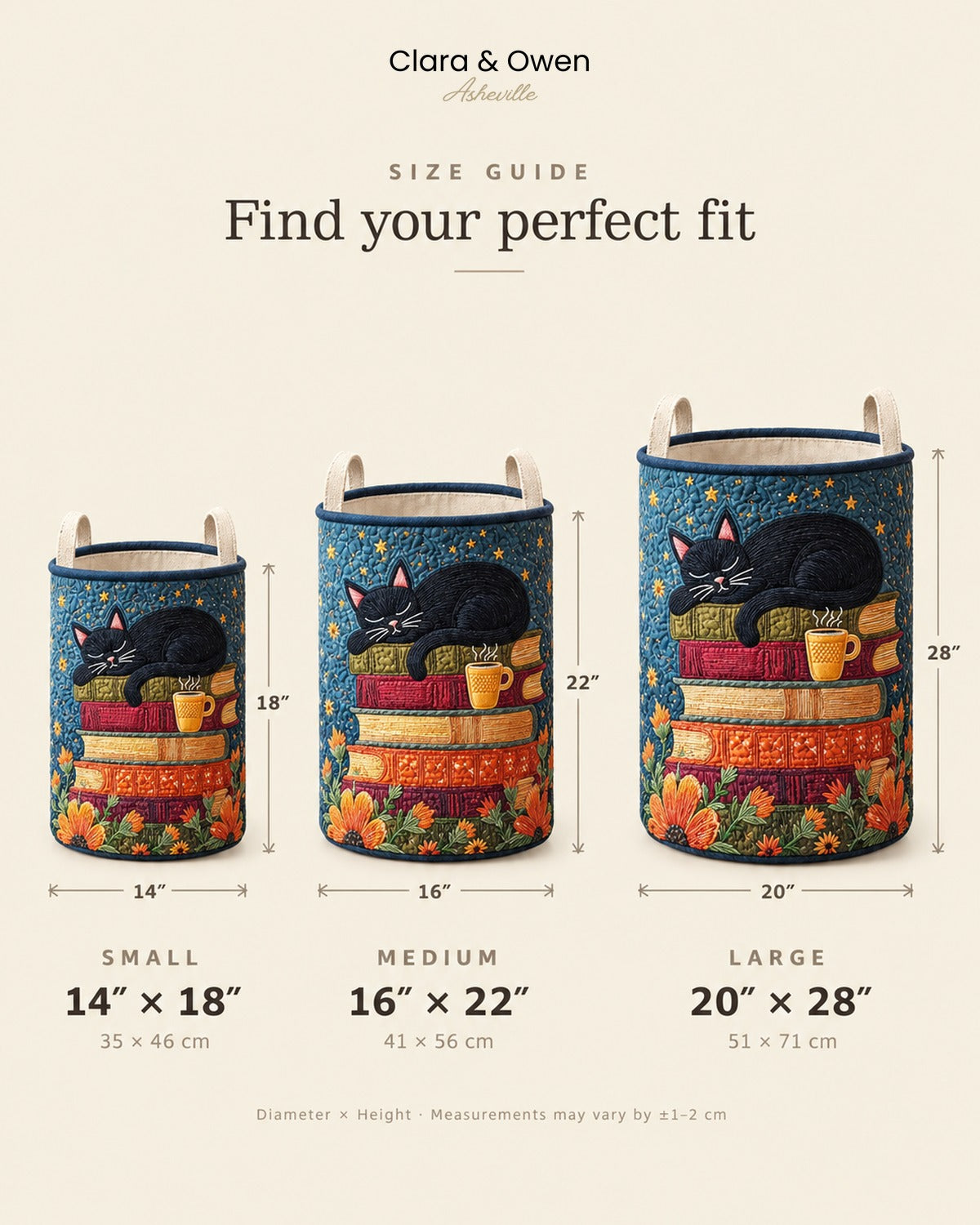 Size guide showing the small, medium and large baskets side by side, with diameter and height marked in inches and centimetres. 5