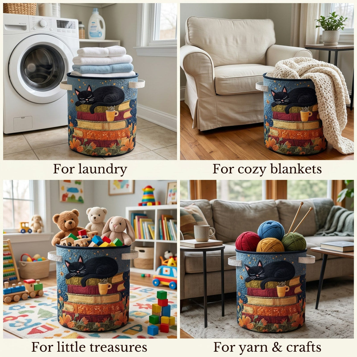 Four-panel collage of the basket in use: holding towels by a washing machine, a blanket, children's toys and balls of yarn. 2