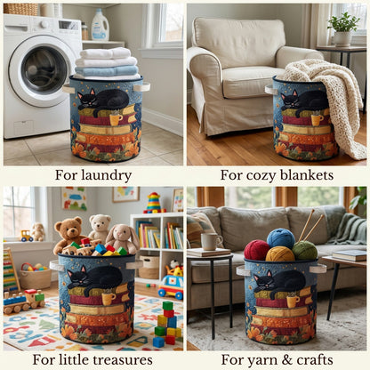 Four-panel collage of the basket in use: holding towels by a washing machine, a blanket, children's toys and balls of yarn. 2