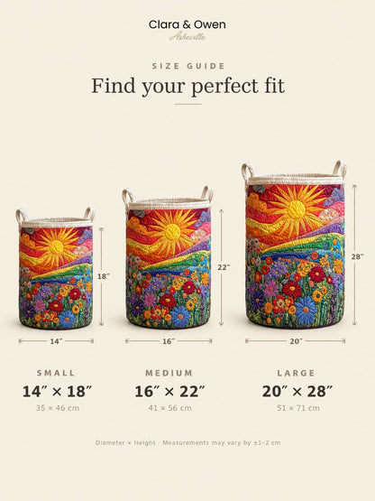 Size guide showing the basket in small, medium and large side by side, with diameter and height measurements marked beneath each. 5