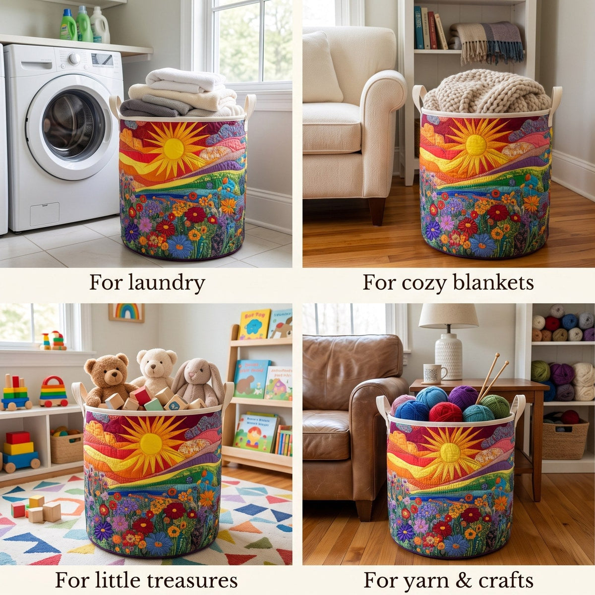 Four-panel collage showing the basket in use for laundry, cosy blankets, children's toys and yarn, each in a different room. 2